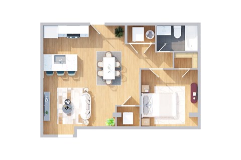 Floor plan for 1 bed, 1 bath, 702 sqft